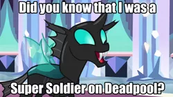 Size: 1280x720 | Tagged: caption, changeling, deadpool, derpibooru import, edit, edited screencap, fangs, happy, kyle rideout, open mouth, safe, screencap, smiling, solo, super soldier, the times they are a changeling, thorax, trivia, voice actor joke