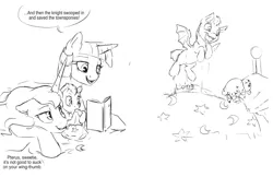 Size: 1280x828 | Tagged: safe, artist:silfoe, derpibooru import, princess luna, twilight sparkle, twilight sparkle (alicorn), oc, oc:pterus, alicorn, bat pony, pony, other royal book, royal sketchbook, adopted offspring, black and white, cute, dialogue, female, grayscale, lesbian, mama twilight, mare, maternaluna, monochrome, parent:princess luna, parent:twilight sparkle, parents:twiluna, shipping, simple background, sketch, speech bubble, story time, twiluna, white background