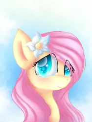 Size: 1536x2048 | Tagged: artist:silviasilvar, bust, cute, derpibooru import, eye clipping through hair, flower, flower in hair, fluttershy, looking at you, portrait, safe, shyabetes, smiling, solo, teary eyes