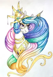 Size: 2581x3703 | Tagged: safe, artist:dragonademetal, derpibooru import, princess celestia, alicorn, pony, bust, crown, eyeshadow, female, gold, horn jewelry, horn ring, jewelry, lidded eyes, makeup, mare, necklace, regalia, simple background, smiling, solo, traditional art, white background