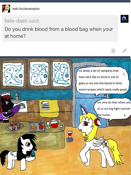 Size: 1093x1456 | Tagged: alcohol, alicorn, alicorn oc, artist:ask-luciavampire, ask, blood, derpibooru import, food, glass, oc, safe, speech, tumblr, tumblr:ask-luciavampire, unofficial characters only, vampire, vampony, wine, wine glass