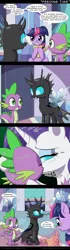 Size: 650x2329 | Tagged: safe, artist:deusexequus, derpibooru import, rarity, spike, thorax, twilight sparkle, twilight sparkle (alicorn), alicorn, changeling, pony, unicorn, the times they are a changeling, 4koma, awkward, baby, baby dragon, blushing, changeling on dragon action, character proxy, comic, descriptive noise, gay, horse noises, implied shipping, implied sparity, implied straight, kissing, levitation, magic, male, meme, shipping, straight, telekinesis, thorarity, thoraxspike
