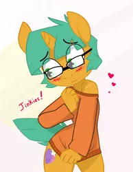 Size: 1280x1646 | Tagged: anthro, artist:kryptchild, blushing, clothes, cute, derpibooru import, glasses, glitter shell, heart, looking away, scooby doo, shirt pull, shoulder, shoulder freckles, snails, suggestive, sweater, velma dinkley