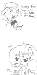 Size: 1280x2560 | Tagged: safe, artist:tjpones, derpibooru import, saffron masala, zesty gourmand, pony, unicorn, :o, comic, cooking, cute, dialogue, floppy ears, food, frown, glare, grayscale, hoof hold, monochrome, no, open mouth, pointing, saffronbetes, sassy, simple background, wat, white background