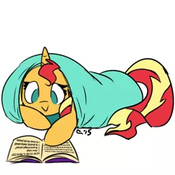Size: 960x960 | Tagged: artist needed, safe, derpibooru import, sunset shimmer, pony, unicorn, equestria girls, life is a runway, :>, blanket, blanket burrito, book, cute, female, how to be a princess, mare, no pupils, shimmerbetes, simple background, solo, white background