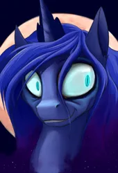 Size: 812x1192 | Tagged: safe, artist:dryayberg, derpibooru import, nightmare moon, princess luna, alicorn, pony, bust, cat eyes, crazy eyes, moon, portrait, smiling, solo, transformation