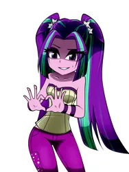 Size: 1200x1600 | Tagged: safe, artist:nekojackun, derpibooru import, aria blaze, equestria girls, bare shoulders, bracelet, clothes, cute, heart hands, jewelry, pants, sleeveless, solo, strapless, tube top