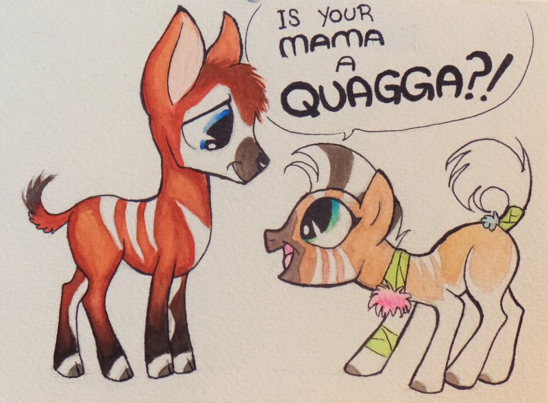 Size: 800x588 | Tagged: animal in mlp form, artist:peachykeenponies, blank flank, bongo antelope, derpibooru import, oc, oc:bakari, oc:nia the quagga, quagga, safe, unofficial characters only