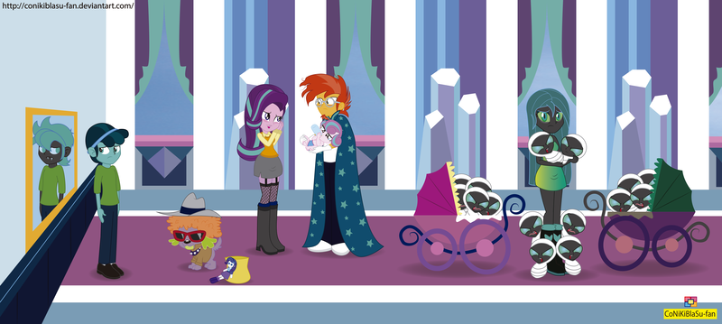 Size: 7757x3477 | Tagged: safe, artist:conikiblasu-fan, derpibooru import, crystal hoof, princess flurry heart, queen chrysalis, spike, starlight glimmer, sunburst, thorax, changeling, changeling larva, dog, equestria girls, the times they are a changeling, absurd resolution, auntie starlight, boots, cape, clothes, crystal empire, disguise, disguised changeling, dress, equestria girls-ified, fishnets, garters, glasses, goatee, hat, help me, high heel boots, high heels, mirror, mommy chrissy, open mouth, pants, plushie, rarity plushie, reflection, shoes, side slit, skirt, spike the dog, stockings, sunglasses, thousand yard stare, uncle sunburst