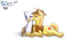 Size: 4320x2700 | Tagged: safe, artist:apple-crumbler, derpibooru import, braeburn, oc, oc:silver quill, gryphon, blushing, gay, heart, interspecies, kissing, male, shipping, simple background