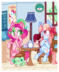 Size: 1300x1591 | Tagged: safe, artist:ipun, derpibooru import, oc, oc:gadget, oc:precious metal, oc:wishy wish, unofficial characters only, pegasus, pony, unicorn, blushing, bow, cake, female, food, hair bow, heart eyes, lampshade, mare, tail bow, wingding eyes