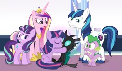 Size: 1080x630 | Tagged: safe, artist:dm29, derpibooru import, princess cadance, shining armor, spike, starlight glimmer, thorax, twilight sparkle, twilight sparkle (alicorn), alicorn, changeling, dragon, pony, unicorn, the times they are a changeling, disgusted, female, interspecies, kissing, male, mare, nope, shipping, stallion, straight, tongue out, twirax