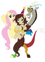 Size: 2181x3000 | Tagged: safe, artist:edcom02, artist:jmkplover, derpibooru import, discord, fluttershy, oc, oc:paint splash, pegasus, pony, birthday, bracelet, ear piercing, earring, hat, jewelry, mole, party hat, piercing, simple background, transparent background, trio