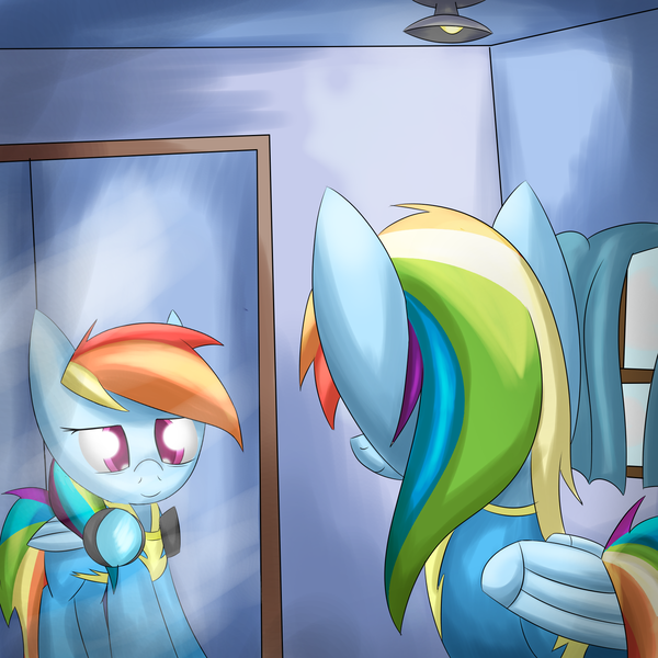 Size: 1600x1600 | Tagged: artist:nevaylin, clothes, colored pupils, cover art, derpibooru import, mirror, newbie dash, rainbow dash, safe, solo, wonderbolts uniform