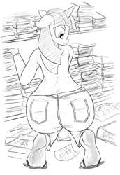 Size: 1375x2000 | Tagged: anthro, artist:fetishsketches, ass, clothes, derpibooru import, feet, female, fetish, flip flops, foot fetish, heel pop, jeans, library, monochrome, pants, plantigrade anthro, sandals, sketch, soles, solo, solo female, suggestive, the ass was fat, twibutt, twilight sparkle