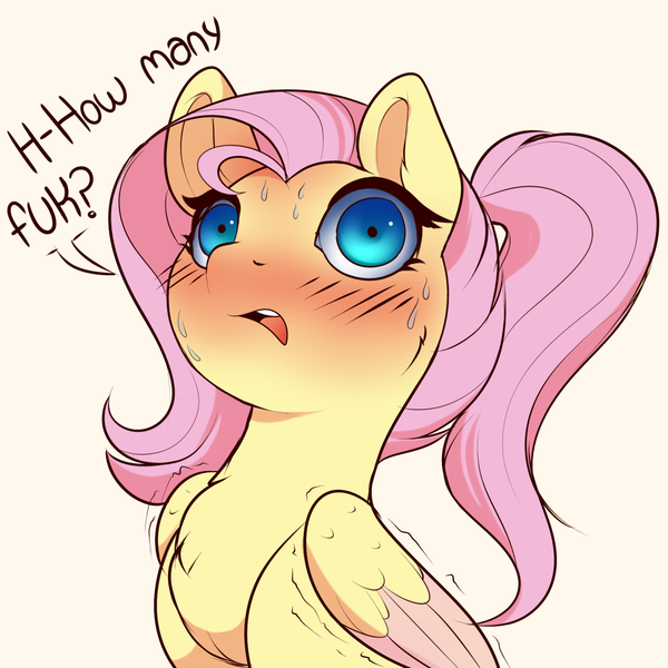 Size: 1280x1280 | Tagged: suggestive, artist:evehly, derpibooru import, fluttershy, pony, alternate hairstyle, blushing, dialogue, frown, fuk, imminent wingboner, open mouth, shaking, shivering, simple background, sitting, solo, sweat, trembling, vulgar, white background, wide eyes