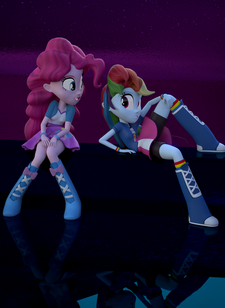 Size: 1080x1480 | Tagged: safe, artist:creatorofpony, artist:fd-daylight, derpibooru import, pinkie pie, rainbow dash, equestria girls, 3d, balloon, blender, boots, bracelet, clothes, compression shorts, duo, high heel boots, jewelry, open mouth, shorts, sitting, skirt, skirt lift, socks, wristband