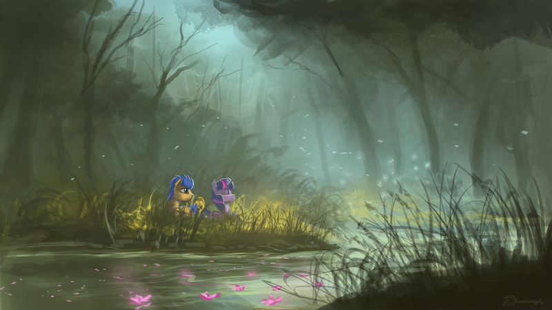 Size: 1280x720 | Tagged: dead source, safe, artist:shamanguli, derpibooru import, flash sentry, twilight sparkle, twilight sparkle (alicorn), alicorn, pony, atg 2016, female, flashlight, forest, male, newbie artist training grounds, scenery, shipping, straight