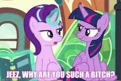 Size: 742x500 | Tagged: safe, derpibooru import, edit, edited screencap, screencap, starlight glimmer, twilight sparkle, twilight sparkle (alicorn), alicorn, pony, the times they are a changeling, caption, cropped, hypocrisy, image macro, meme, vulgar