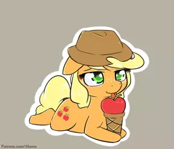 Size: 1050x900 | Tagged: safe, artist:alasou, deleted from derpibooru, derpibooru import, applejack, pony, apple, cute, food, freckles, ice cream, jackabetes, licking, prone, silly, silly pony, simple background, solo, that pony sure does love apples, tongue out, who's a silly pony