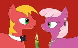 Size: 1680x1050 | Tagged: safe, artist:clacksphob, derpibooru import, big macintosh, cheerilee, earth pony, pony, bowtie, candle, candlelight, cheerimac, ear piercing, earring, jewelry, male, necklace, piercing, shipping, stallion, straight