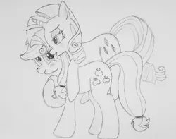 Size: 2000x1576 | Tagged: safe, artist:darelith, derpibooru import, applejack, rarity, pony, cute, female, lesbian, mare, monochrome, newbie artist training grounds, rarijack, shipping, sketch, traditional art