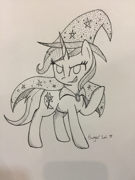 Size: 960x1280 | Tagged: safe, artist:sugarwings-art, derpibooru import, trixie, pony, unicorn, female, grin, mare, monochrome, smiling, solo, traditional art