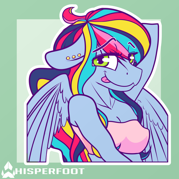 Size: 1280x1280 | Tagged: suggestive, artist:whisperfoot, derpibooru import, oc, oc:rainbow saliva, unofficial characters only, anthro, pegasus, breasts, cute, female, long mane, looking at you, piercing, smiling, solo, sticker, tongue out, tube top, wings