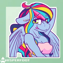 Size: 1280x1280 | Tagged: suggestive, artist:whisperfoot, derpibooru import, oc, oc:rainbow saliva, unofficial characters only, anthro, pegasus, breasts, cute, female, long mane, looking at you, piercing, smiling, solo, sticker, tongue out, tube top, wings