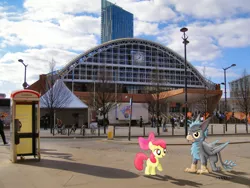 Size: 2816x2112 | Tagged: apple bloom, artist:blackgryphon, artist:sakatagintoki117, artist:uponia, bicycle, building, clock, derpibooru import, england, human, irl, manchester, oc, oc:blackgryph0n, pay phone, photo, ponies in real life, safe, shadow, vector