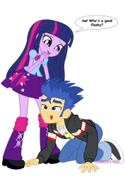 Size: 1600x2263 | Tagged: safe, artist:jucamovi1992, derpibooru import, flash sentry, twilight sparkle, human, equestria girls, all fours, behaving like a dog, couple, female, flashlight, funny, humanized, image, love, male, pet play, png, rocker, shipping, straight, wat, weird, what the hell?, why? just why?, wtf