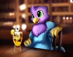 Size: 2969x2304 | Tagged: safe, artist:pridark, derpibooru import, oc, oc:der, oc:gyro feather, oc:gyro tech, unofficial characters only, gryphon, alcohol, bar, commission, drink, glass, griffonized, lime, micro, open mouth, signature, size difference