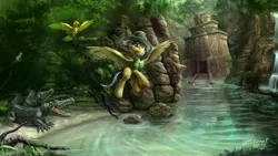 Size: 10533x5925 | Tagged: safe, artist:zilvart, derpibooru import, daring do, alligator, bird, crocodile, absurd resolution, clothes, flying, hat, river, scenery, solo, temple of chicomoztoc, waterfall