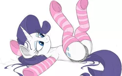 Size: 4000x2500 | Tagged: suggestive, artist:raps, derpibooru import, rarity, pony, unicorn, clothed ponies, clothes, cutie mark, dock, female, frilly underwear, legs in air, lingerie, mare, on back, panties, pink socks, plot, purple eyes, rearity, simple background, socks, solo, solo female, striped socks, thigh highs, underhoof, underwear, white background