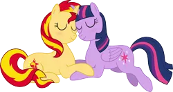 Size: 10978x5826 | Tagged: safe, artist:sugar-loop, derpibooru import, sunset shimmer, twilight sparkle, twilight sparkle (alicorn), alicorn, pony, unicorn, absurd resolution, cuddling, eyes closed, female, lesbian, mare, newbie artist training grounds, shipping, smiling, snuggling, sunsetsparkle