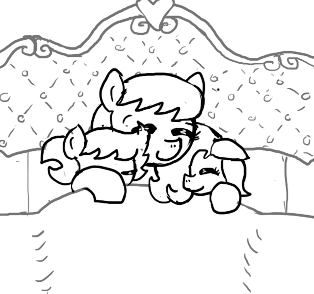 Size: 640x600 | Tagged: safe, artist:ficficponyfic, derpibooru import, oc, oc:emerald jewel, oc:hope blossoms, oc:ruby rouge, unofficial characters only, earth pony, pony, colt quest, adult, bed, bedroom, blanket, child, colt, cuddling, cute, eyes closed, female, filly, foal, hair over one eye, heart, male, mare, monochrome, nuzzling, pillow, smiling, snuggling, story included