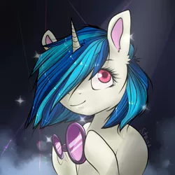 Size: 3000x3000 | Tagged: artist:striar, derpibooru import, hair over one eye, looking at you, safe, smiling, solo, vinyl scratch