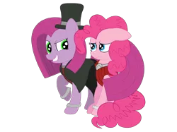 Size: 2592x1936 | Tagged: safe, artist:squipycheetah, derpibooru import, pinkie pie, pony, adorabolical, alternate eye color, cape, clothes, cute, cuteamena, dr jekyll and mr hyde, dr pinkie, dr pinkie and miss pie, evil, evil grin, female, floppy ears, frown, happy, hat, lesbian, looking back, looking up, mare, miss mena, miss pie, miss pinkamena, pinkamena diane pie, pinkiemena, possessive, scarf, self paradox, self ponidox, selfcest, shipping, simple background, sitting, standing, tail hold, tail hug, tail wrap, teeth, top hat, transparent background, vector, vest
