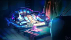 Size: 2162x1216 | Tagged: artist:alumx, beverage, blanket, couch, cup, derpibooru import, envelope, living room, night sky, prone, rarity, safe, solo, song cover, stars, television, vylet pony, watching