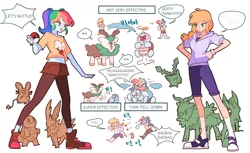 Size: 1280x784 | Tagged: applejack, artist:dusty-munji, belly button, clothes, converse, crossover, dedenne, derpibooru import, hoppip, human, humanized, jolteon, leafeon, midriff, parody, pokémon, pony coloring, rainbow dash, safe, shoes, skiddo, sneakers, squirtle