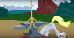 Size: 1226x626 | Tagged: semi-grimdark, artist:misterdavey, derpibooru import, derpy hooves, pegasus, pony, abuse, anvil, blood, derpy gets pranked, derpybuse, edgy, fake screencap, female, implied death, mare