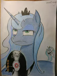 Size: 1200x1600 | Tagged: artist:must-ang, derpibooru import, fly me to the moon, frank sinatra, luna is not amused, meme, not happy, prank, princess celestia, princess luna, safe, song reference, to the moon, trollestia, trollface