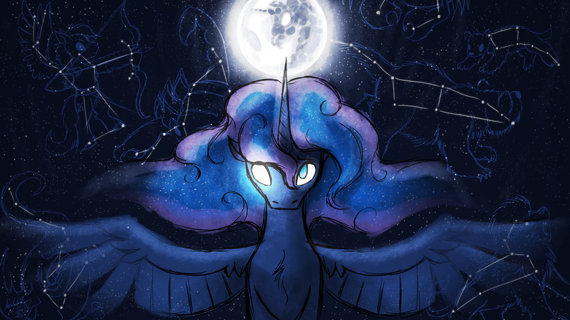 Size: 4000x2250 | Tagged: safe, artist:dragonwolfrooke, derpibooru import, princess luna, alicorn, pony, cancer (constellation), chest fluff, constellation, ethereal mane, female, glowing eyes, image, leo (constellation), looking at you, mare, mare in the moon, moon, night, orion (constellation), png, scorpius (constellation), spread wings, starry mane, stars, ursa major (constellation), ursa minor (constellation), wings