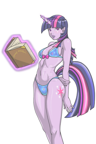 Size: 1600x2400 | Tagged: anthro, artist:madcatstudios, bikini, book, breasts, busty twilight sparkle, clothes, derpibooru import, female, horned humanization, human, humanized, looking at you, magic, pony coloring, solo, solo female, suggestive, swimsuit, tailed humanization, twilight sparkle, watermark