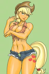 Size: 1600x2400 | Tagged: abs, applejack, artist:madcatstudios, belly button, breasts, busty applejack, cleavage, clothes, daisy dukes, derpibooru import, female, front knot midriff, human, humanized, midriff, one eye closed, pony coloring, ribbon, shorts, suggestive, tailed humanization, underwear, wink