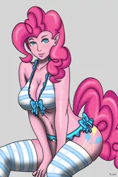 Size: 1600x2400 | Tagged: artist:madcatstudios, bikini, blue swimsuit, breasts, busty pinkie pie, cleavage, clothes, derpibooru import, female, frilled swimsuit, human, humanized, looking at you, pinkie pie, pony coloring, socks, solo, solo female, striped socks, striped swimsuit, suggestive, swimsuit, tailed humanization, watermark