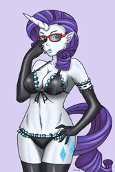 Size: 1600x2400 | Tagged: artist:madcatstudios, belly button, breasts, busty rarity, cleavage, clothes, derpibooru import, female, glasses, gloves, horned humanization, human, humanized, lipstick, looking at you, pony coloring, rarity, solo, solo female, suggestive, swimsuit, tailed humanization, watermark