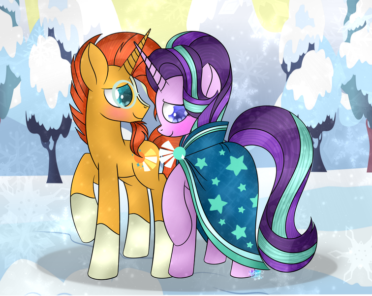 Size: 1024x813 | Tagged: safe, artist:northlights8, derpibooru import, starlight glimmer, sunburst, blushing, clothes, female, glasses, male, robe, shipping, snow, snowfall, starburst, starlight wearing sunburst's robe, straight, sunburst's glasses, sunburst's robe