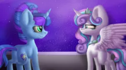 Size: 1053x586 | Tagged: safe, artist:hidadee, derpibooru import, princess flurry heart, oc, oc:galaxy star, pony, balcony, canon x oc, female, galaheart, lesbian, mare, night, older, shipping