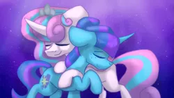 Size: 1027x580 | Tagged: safe, artist:hidadee, derpibooru import, princess flurry heart, oc, oc:galaxy star, pony, canon x oc, female, galaheart, hug, lesbian, mare, older, shipping